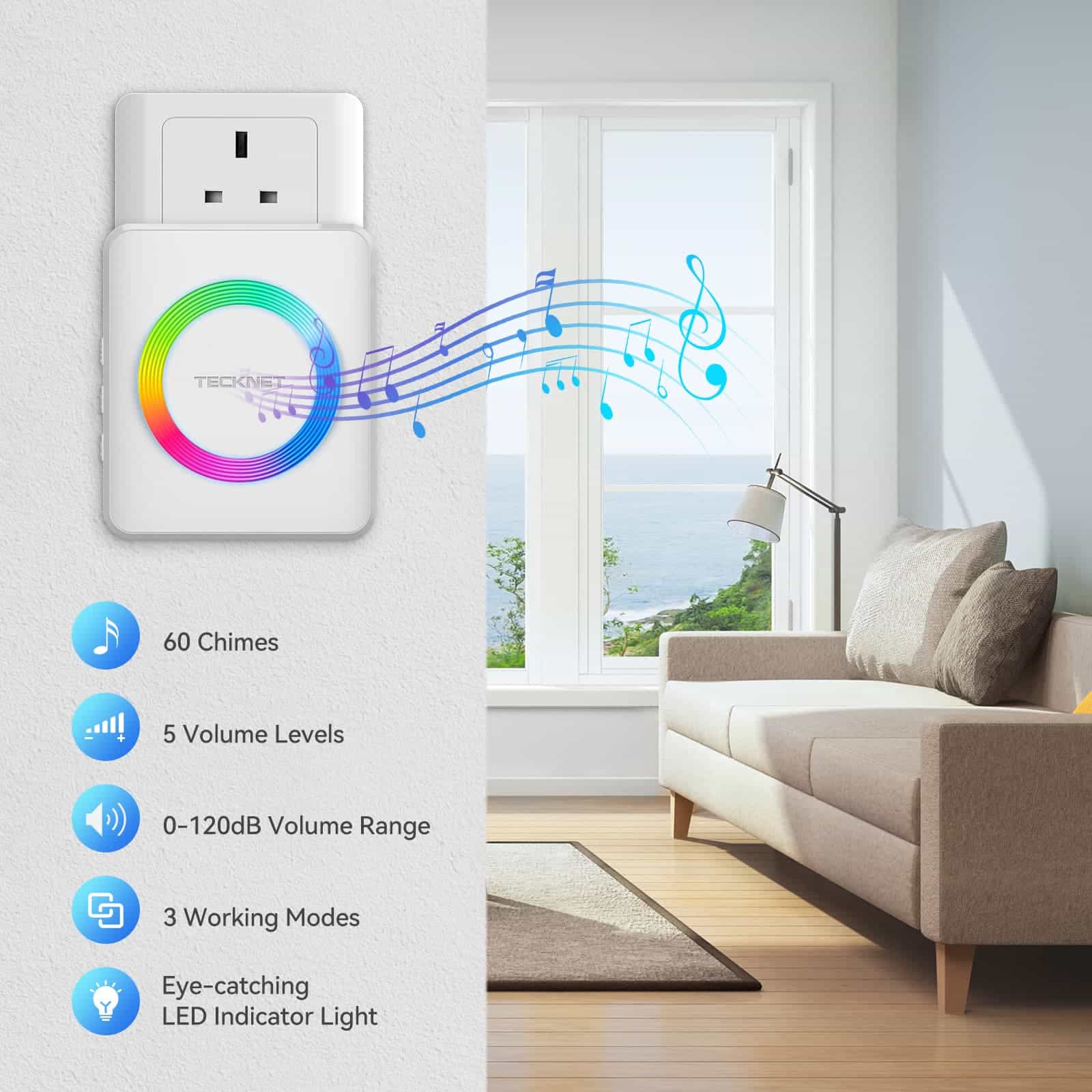 TECKNET Wireless Doorbell, 1300feet / 400m Range, 60 Chimes & 5-Level Volume