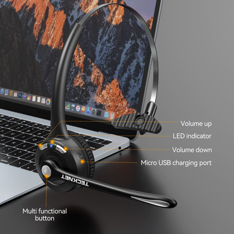 TECKNET Bluetooth Headset with Noise Cancelling Microphone, Mute function