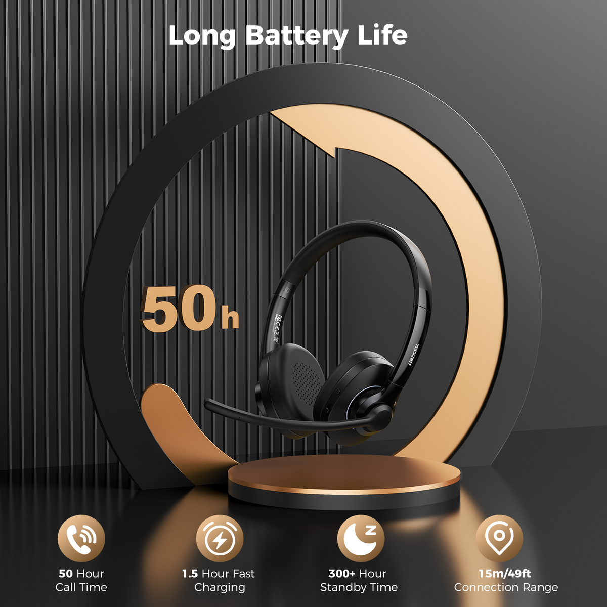 TECKNET Bluetooth Headset with AI Noise Cancellation, Bluetooth 6.0, USB-A, 50H Playtime, Mute & Mic, Wireless On-Ear Headphones