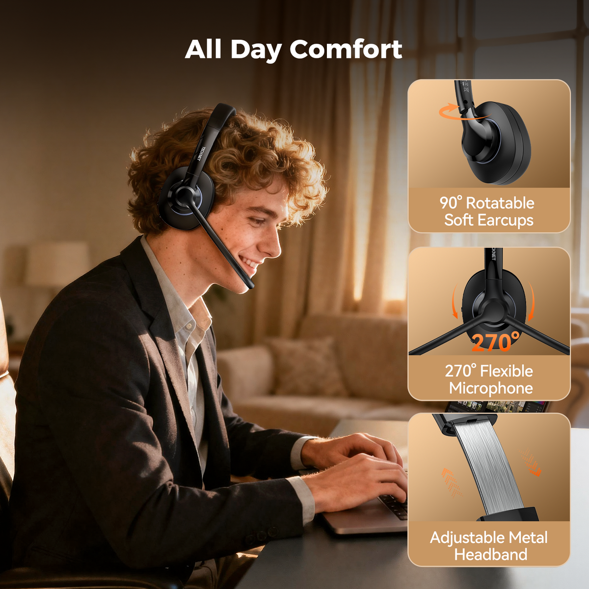 TECKNET Bluetooth Headset with AI Noise Cancellation, Bluetooth 6.0, USB-A, 50H Playtime, Mute & Mic, Wireless On-Ear Headphones