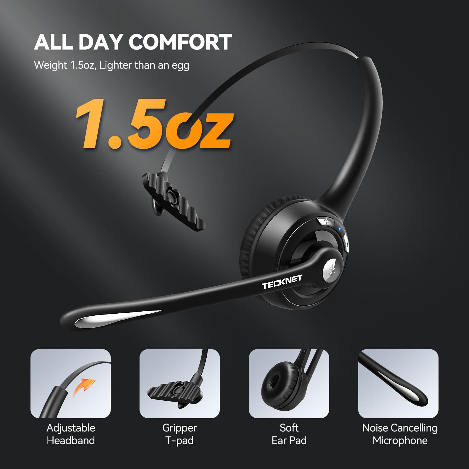 TECKNET Bluetooth Headset with Noise Cancelling Microphone, Mute function