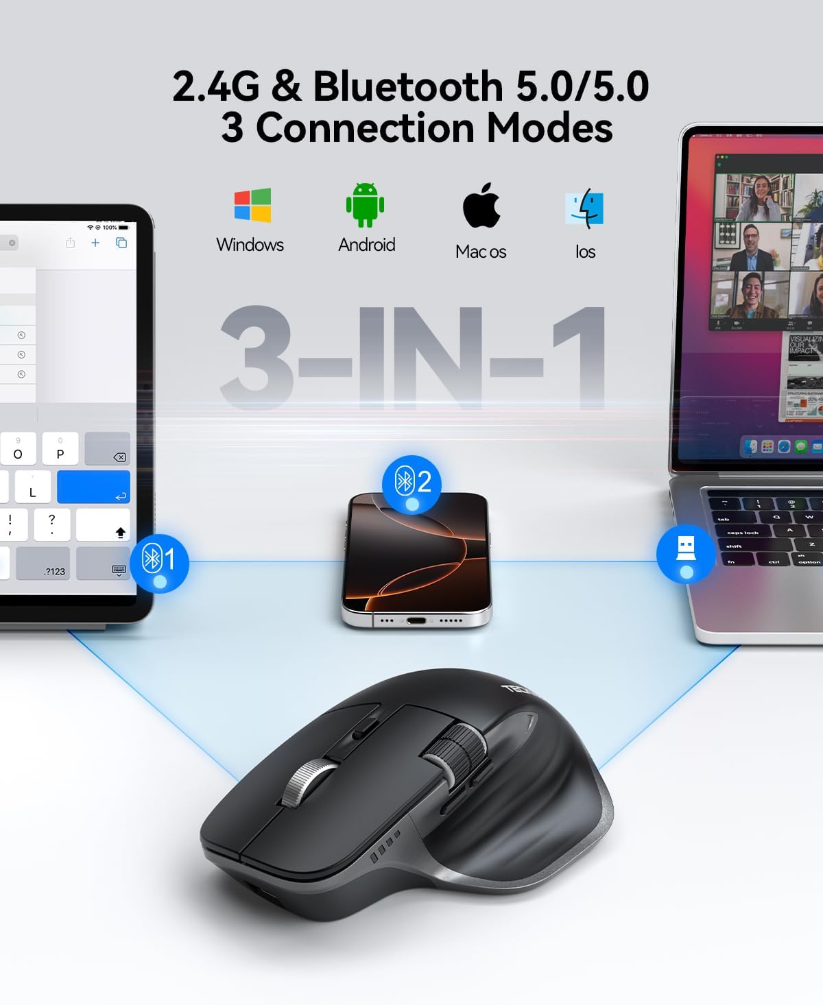 TECKNET Bluetooth Mouse, Wireless Mouse with Thumb Scroll