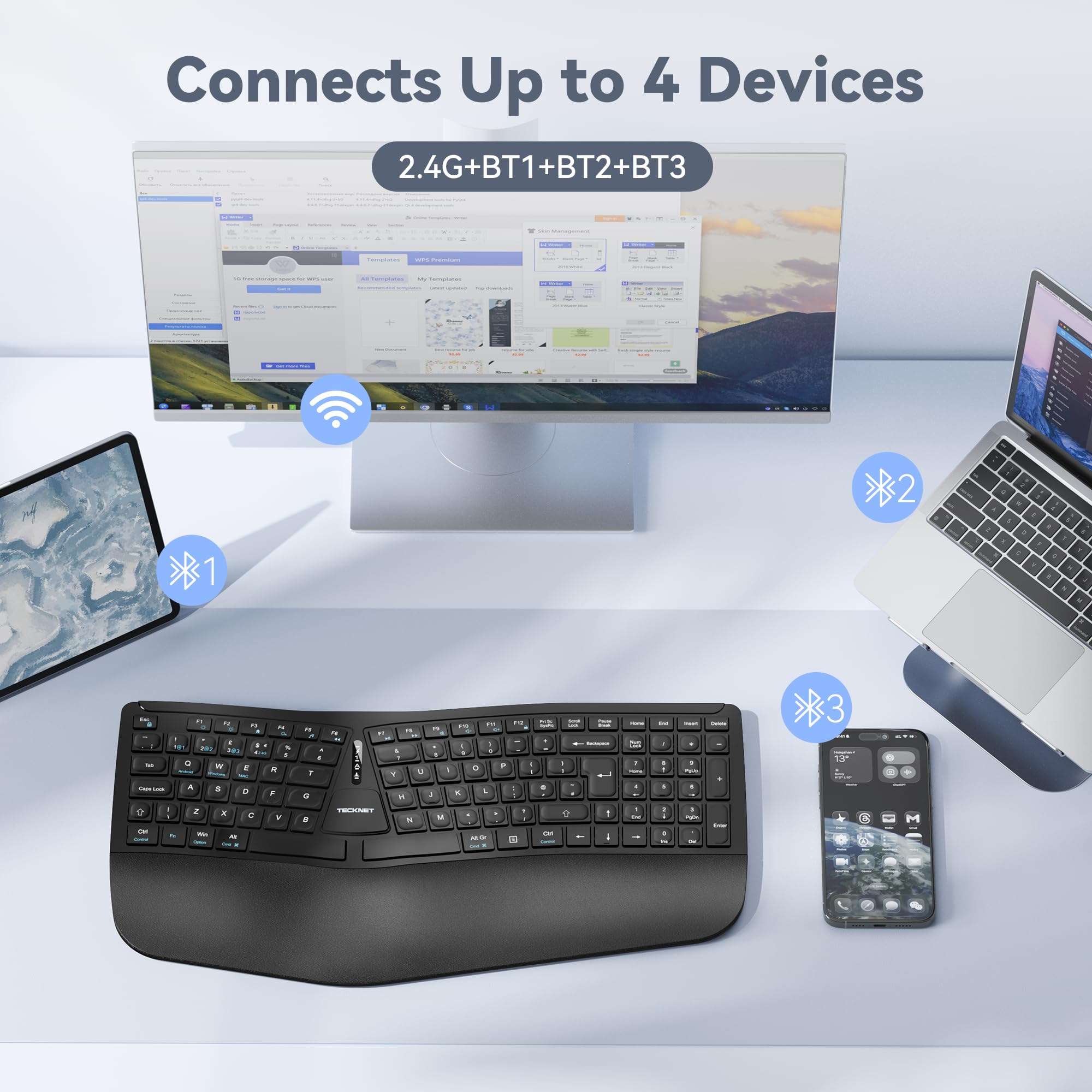 TECKNET Wireless Ergonomic Keyboard, 2.4G USB & Bluetooth Rechargeable Keyboard