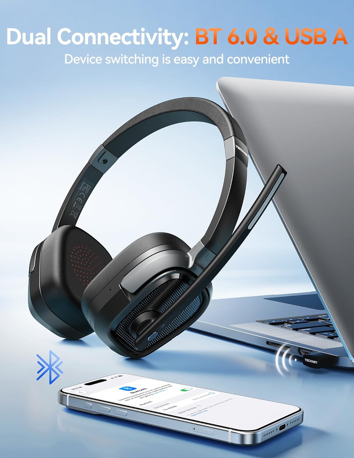TECKNET 6.0 Bluetooth Headset, Wireless Headphones with Microphone