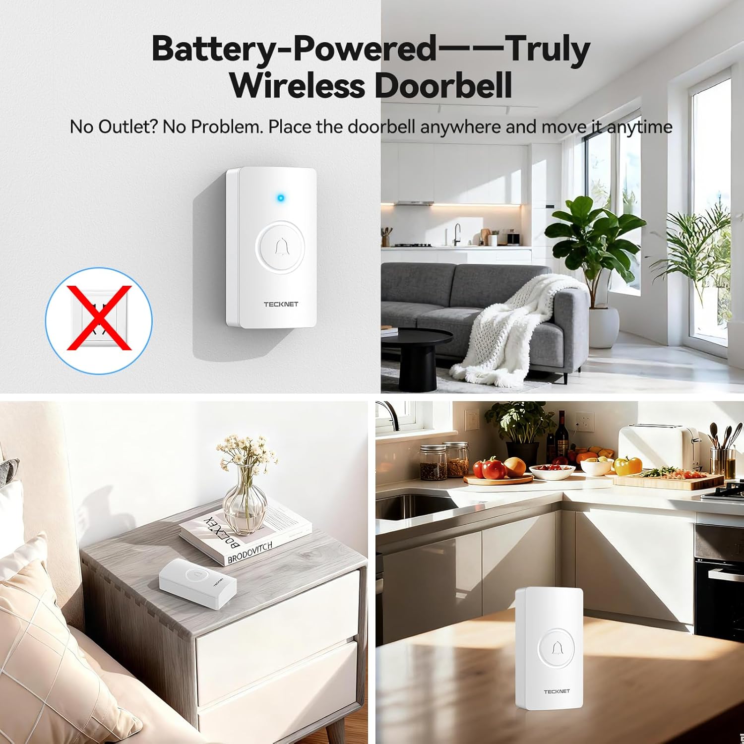 TECKNET Wireless Doorbell Battery with 3 Receivers