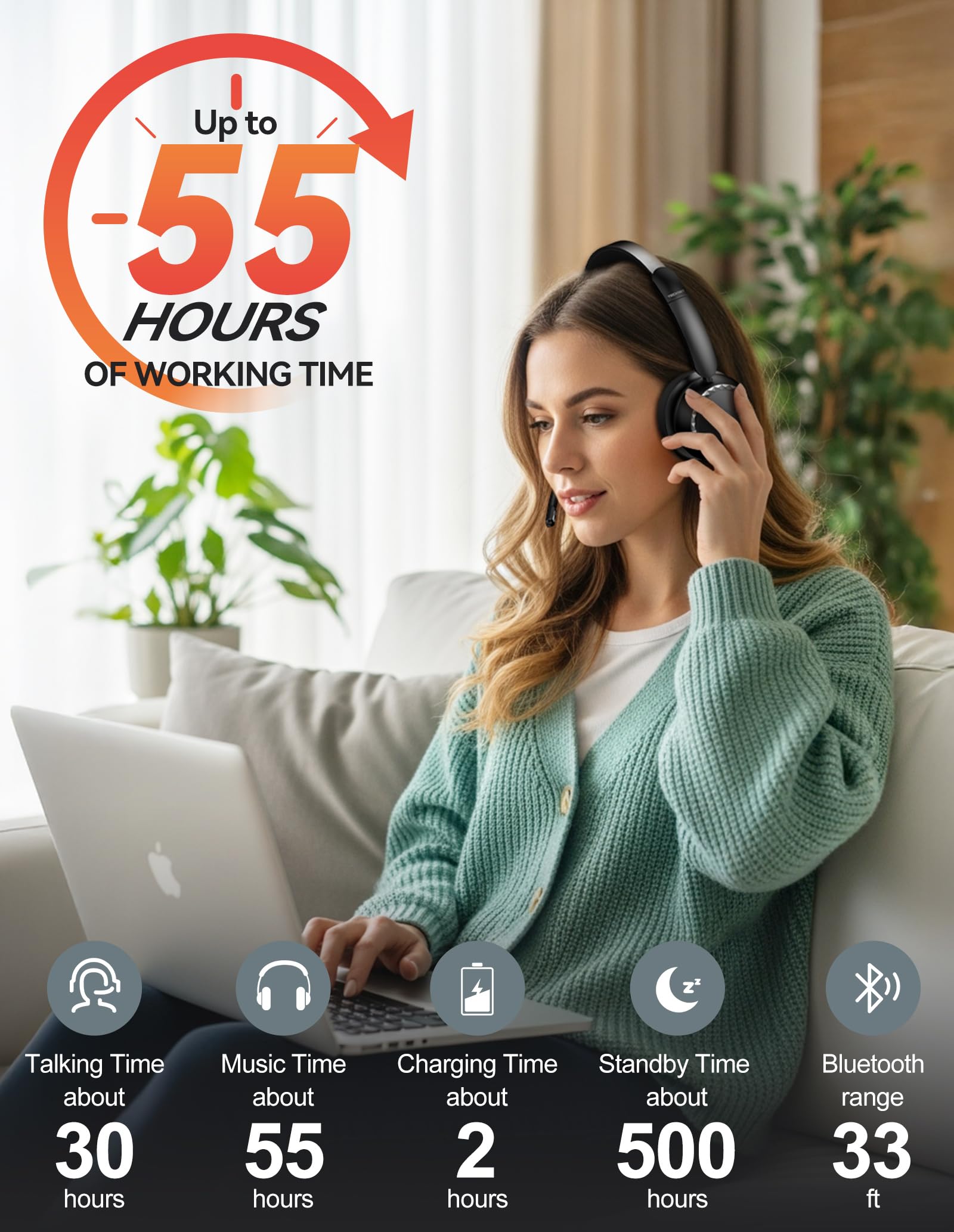 TECKNET Wireless Headset, 5.3 Bluetooth Headset with Noise Cancelling Mic