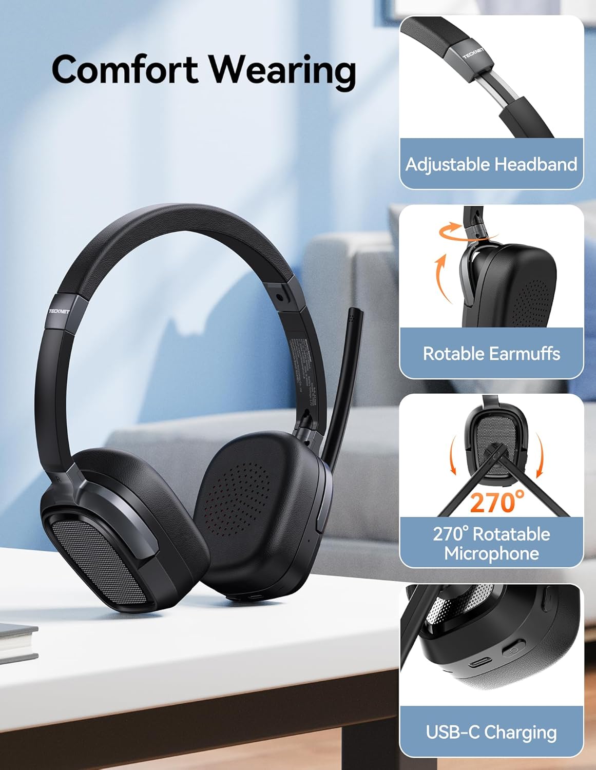 TECKNET 6.0 Bluetooth Headset, Wireless Headphones with Microphone