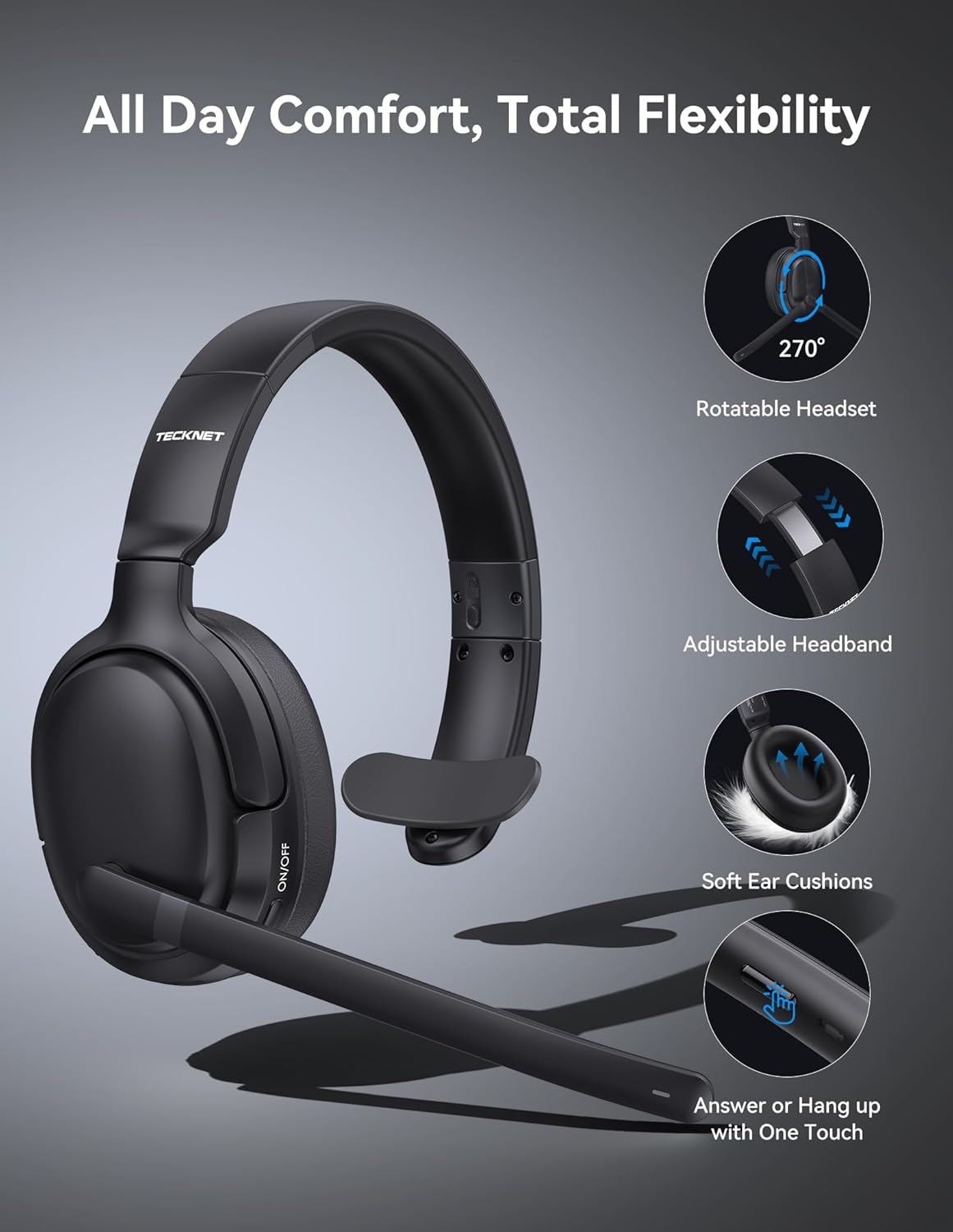TECKNET Mono/Stereo 2-in-1 Wireless Bluetooth Headphones with Microphone