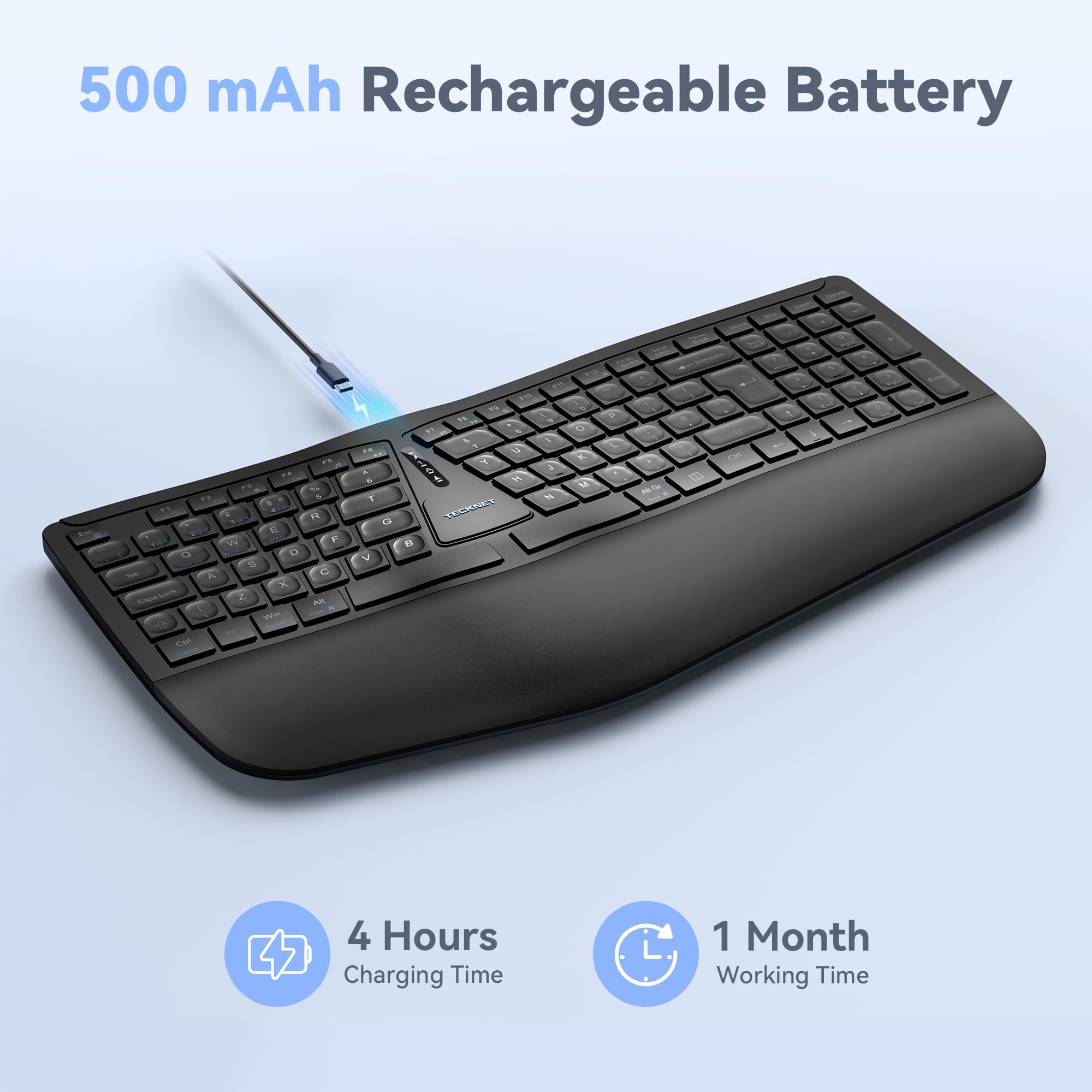 TECKNET Wireless Ergonomic Keyboard, 2.4G USB & Bluetooth Rechargeable Keyboard
