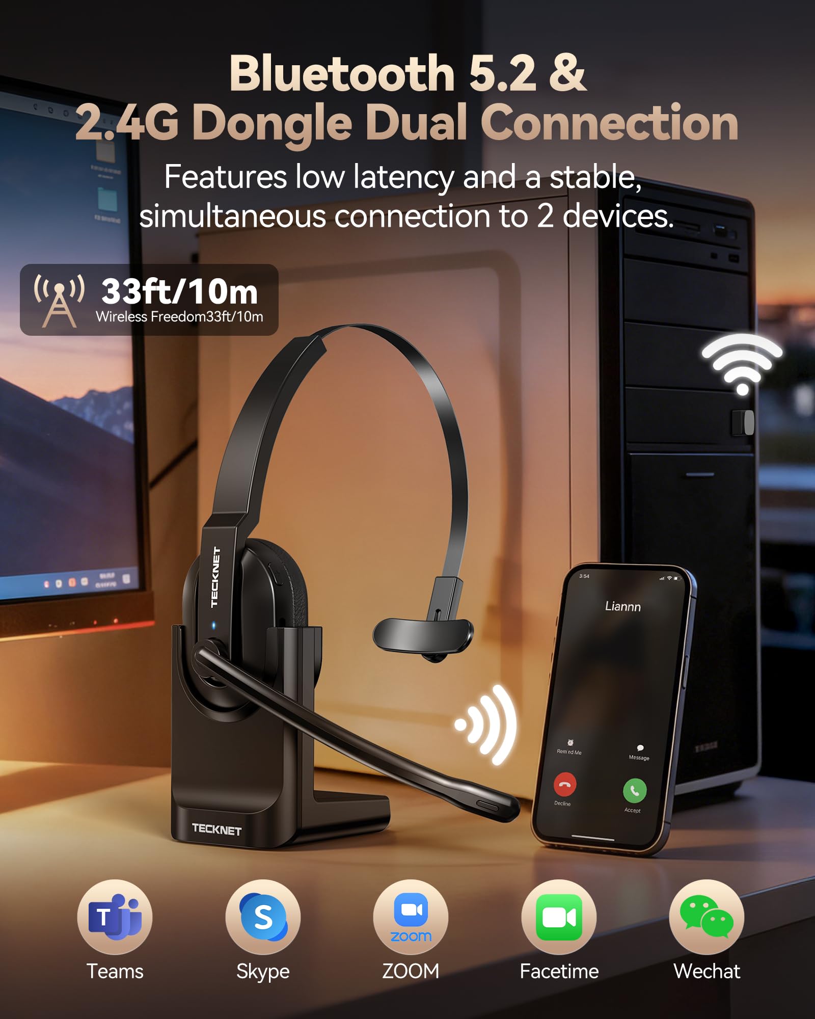 TECKNET Bluetooth Headset, Wireless Headset with Microphone Noise Cancelling & USB A Dongle