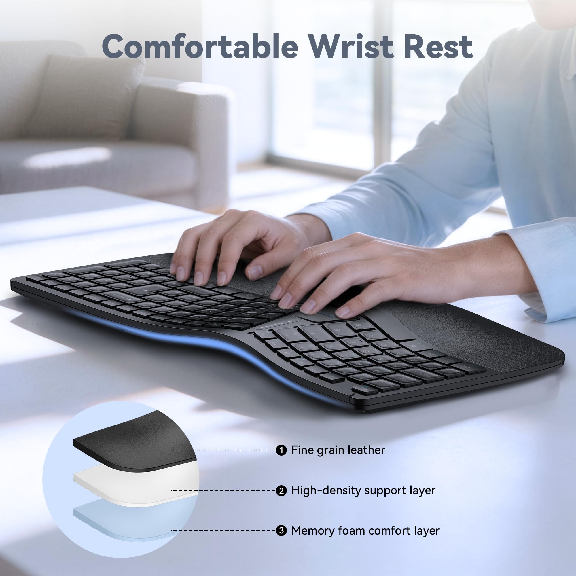 TECKNET Wireless Ergonomic Keyboard, 2.4G USB & Bluetooth Rechargeable Keyboard