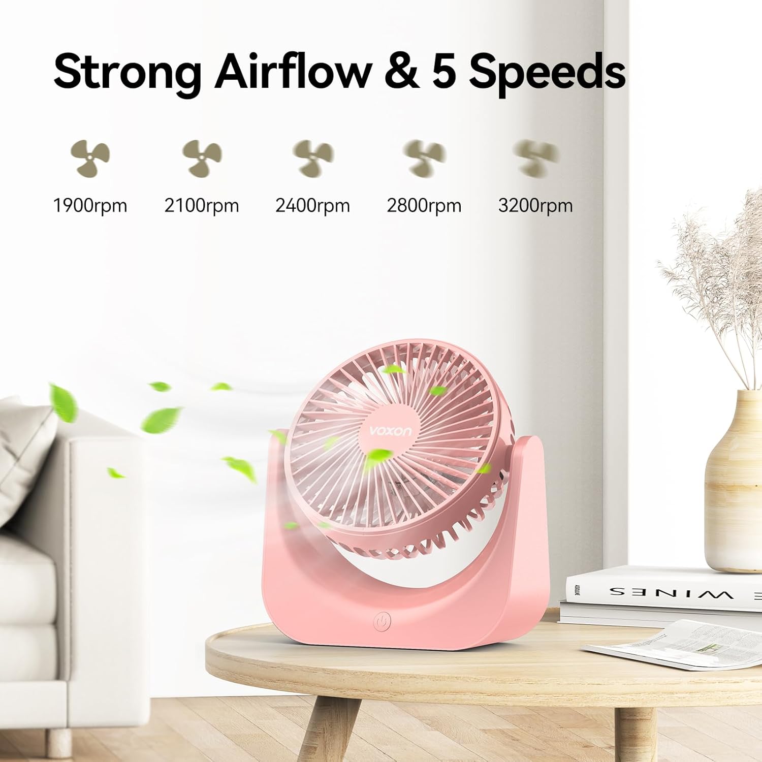 VOXON Small to Medium Pink Table Fan with 5 Speeds