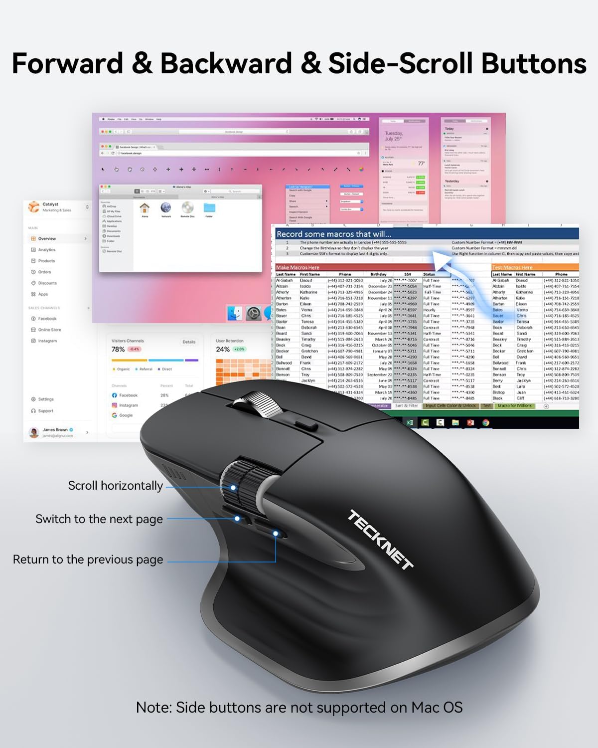 TECKNET Bluetooth Mouse, Wireless Mouse with Thumb Scroll