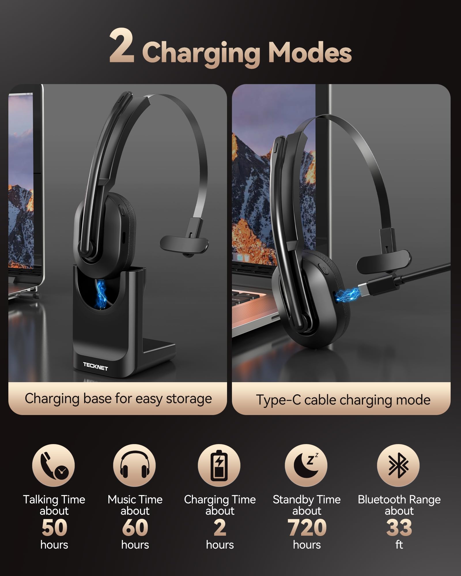 TECKNET Bluetooth Headset, Wireless Headset with Microphone Noise Cancelling & USB A Dongle