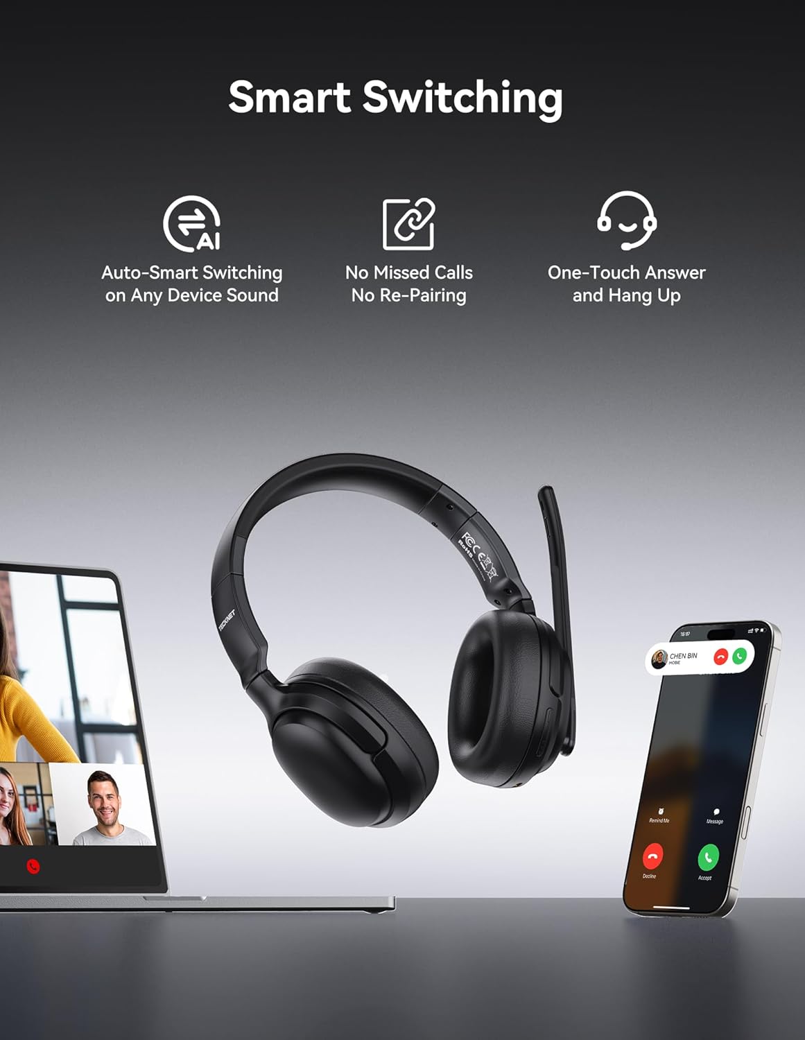 TECKNET Mono/Stereo 2-in-1 Wireless Bluetooth Headphones with Microphone