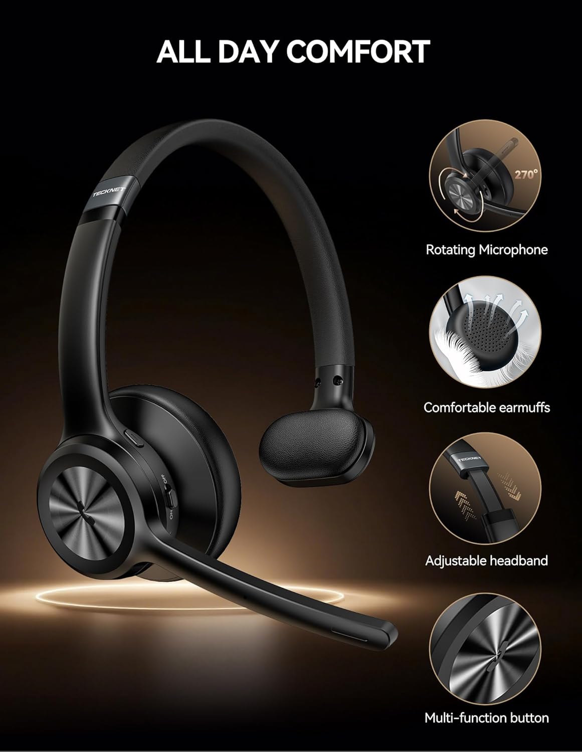 TECKNET Bluetooth Headset with Microphone Noise Cancelling