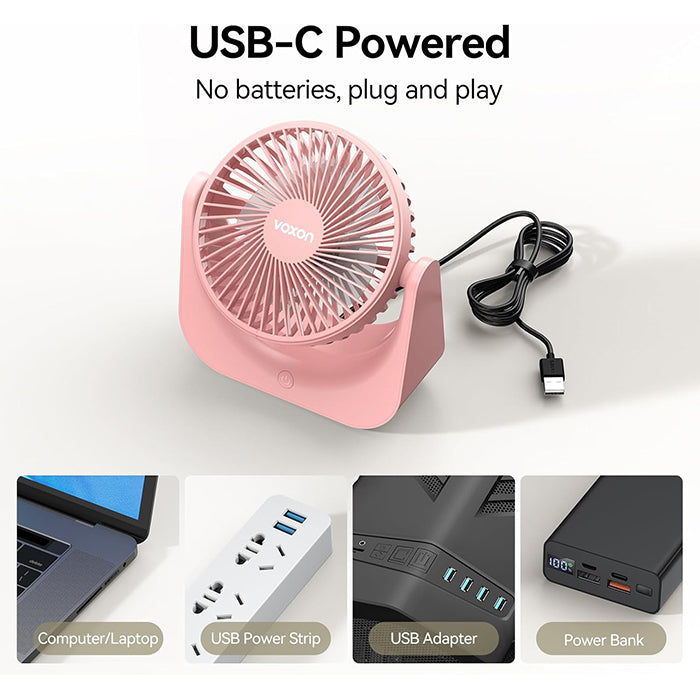 VOXON Small to Medium Pink Table Fan with 5 Speeds