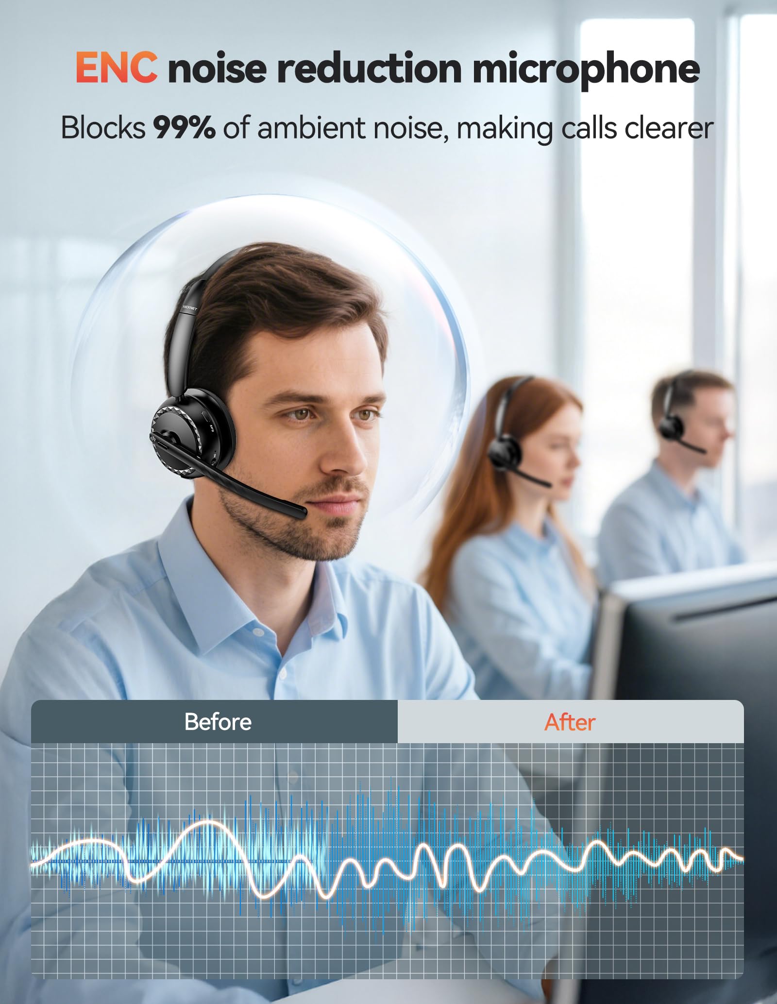 TECKNET Wireless Headset, 5.3 Bluetooth Headset with Noise Cancelling Mic