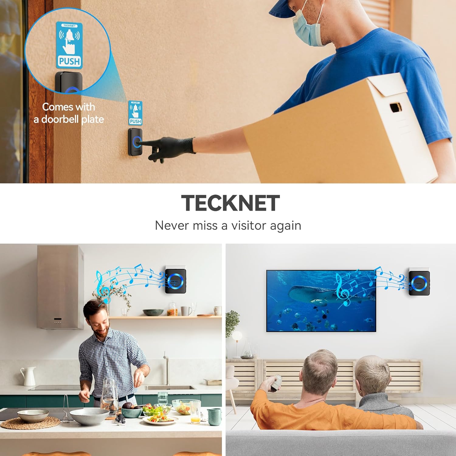TECKNET Wireless Doorbell with 2 Push Buttons & 4 Receivers