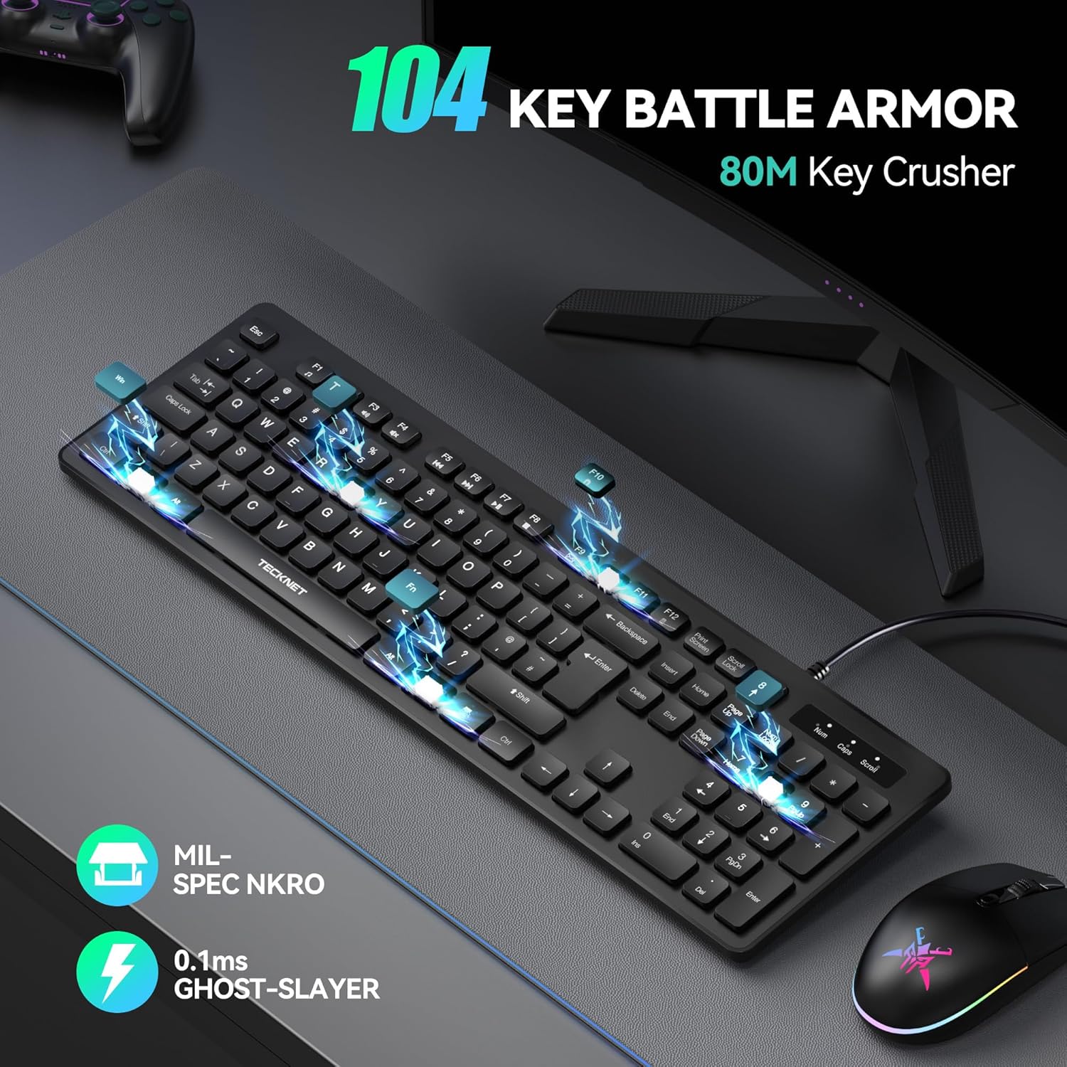 TECKNET Wired USB Keyboard, Full-Size Silent Office Keyboard with Numeric Keypad