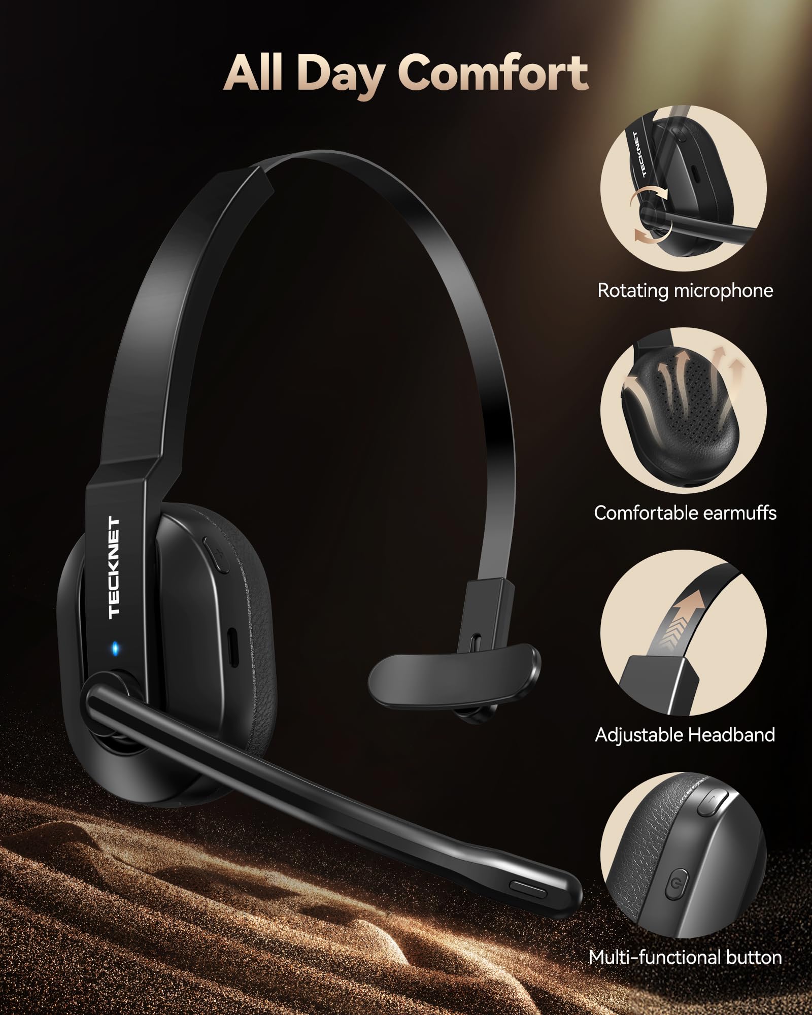 TECKNET Bluetooth Headset, Wireless Headset with Microphone Noise Cancelling & USB A Dongle