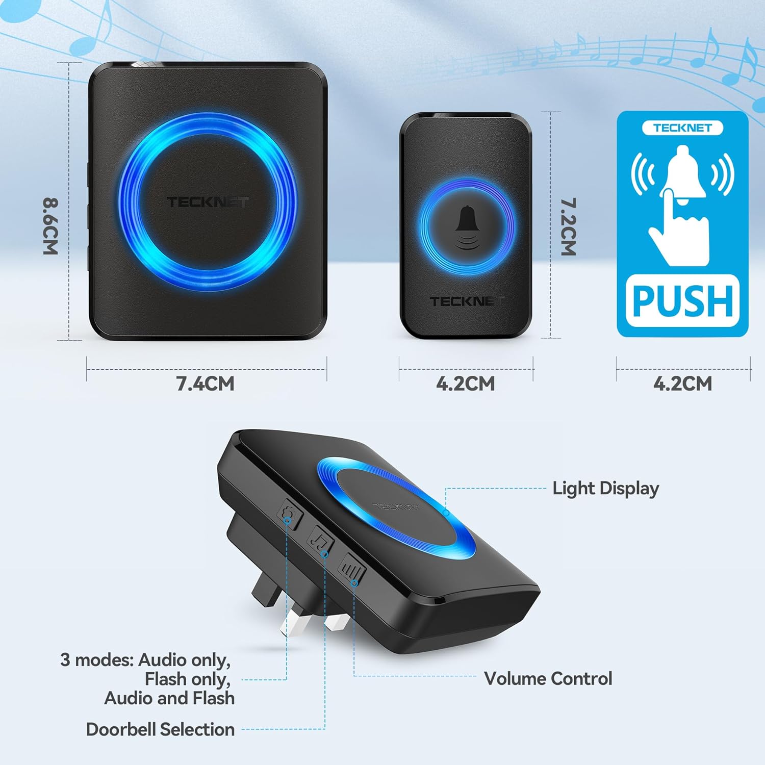 TECKNET Wireless Doorbell with 2 Push Buttons & 4 Receivers