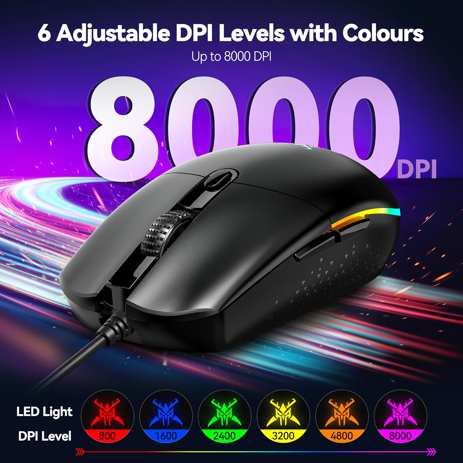 TECKNET Gaming Mouse Wired – RGB Mouse with 6 Programmable Buttons, 8000 DPI