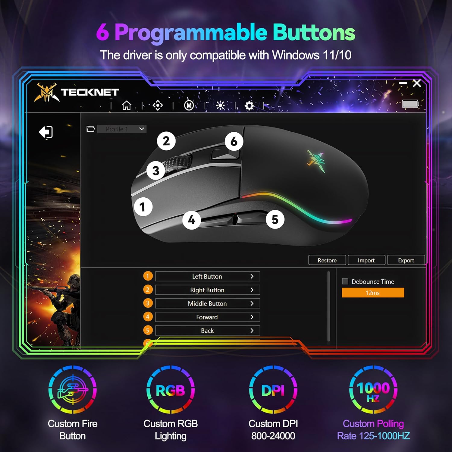 TECKNET Wireless Gaming Mouse with Tripe-Mode 2.4GHz / USB C/Bluetooth Mouse Up to 24,000DPI