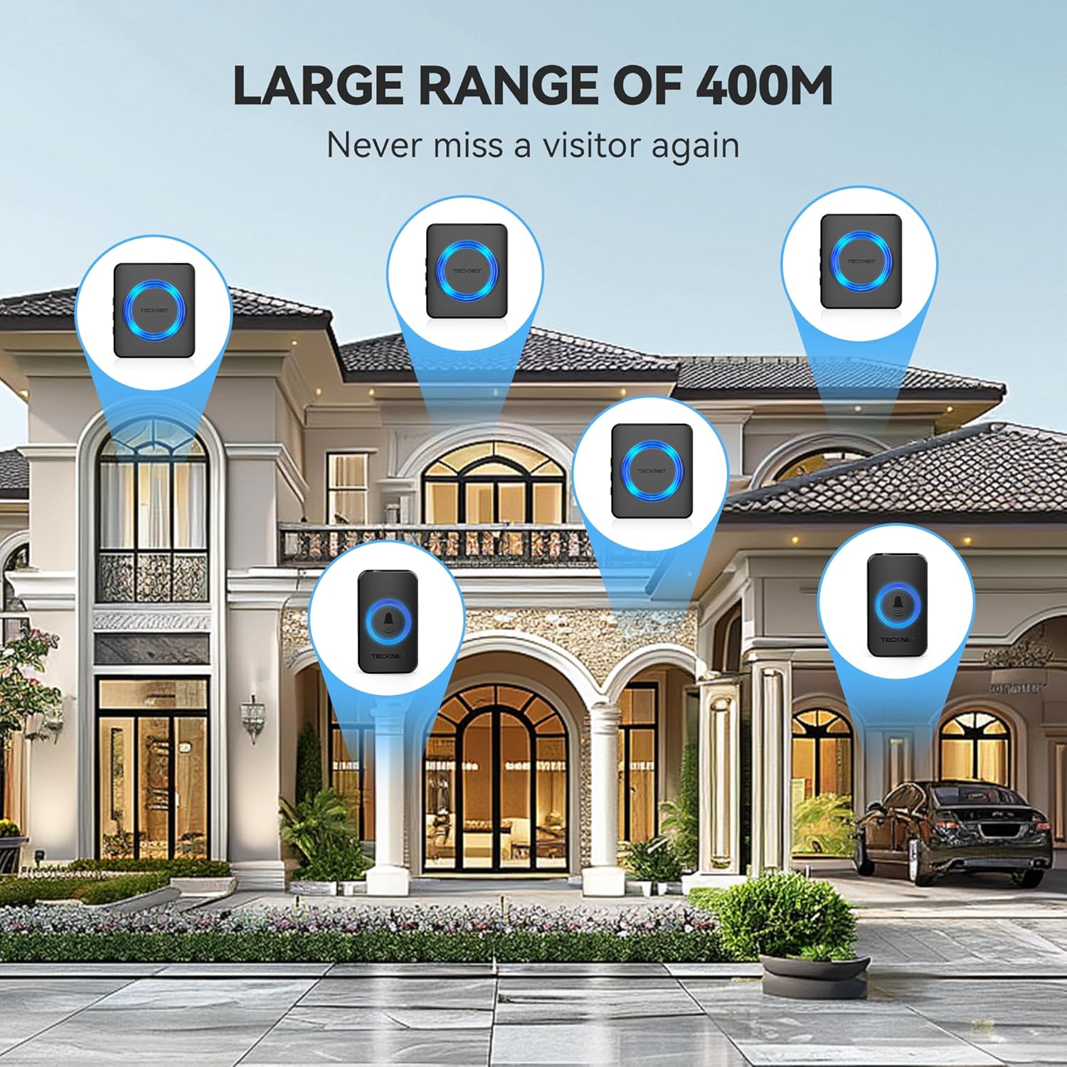 TECKNET Wireless Doorbell with 2 Push Buttons & 4 Receivers