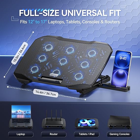 TECKNET Laptop Cooling Pad, Laptop Cooler with 9 Quiet Fans at 2600RPM