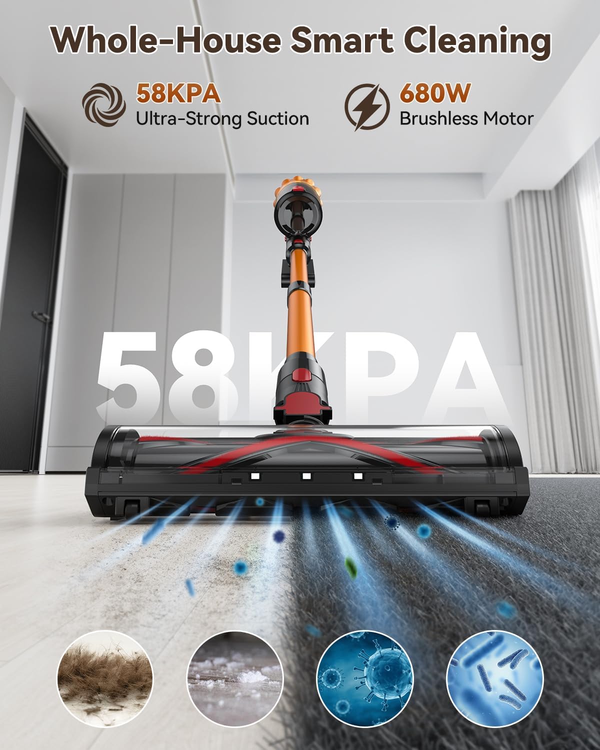 TECKNET TechRise 58KPA Cordless Vacuum: 70Min LED Touch, Anti-Tangle & Self-Standing