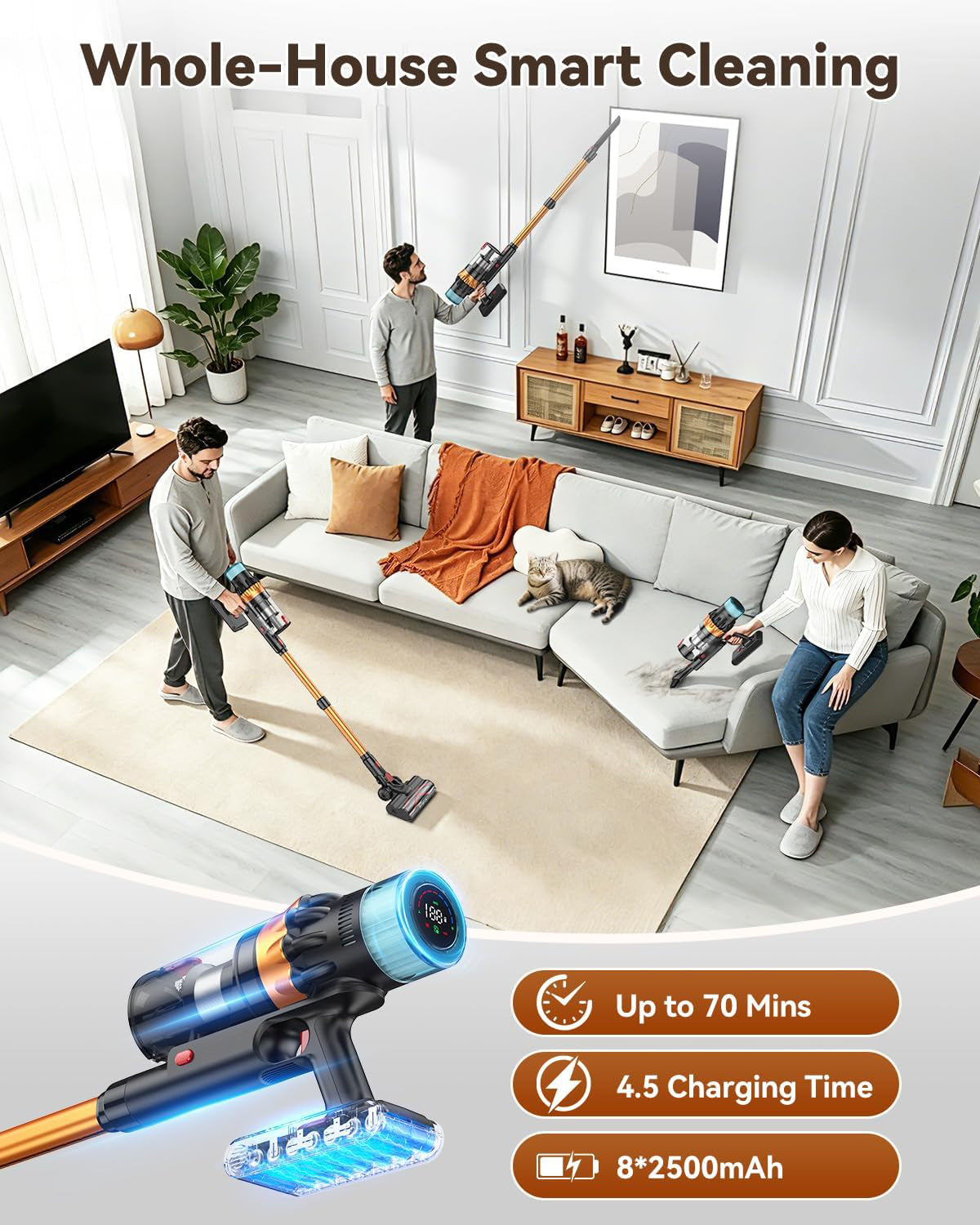 TECKNET TechRise 58KPA Cordless Vacuum: 70Min LED Touch, Anti-Tangle & Self-Standing