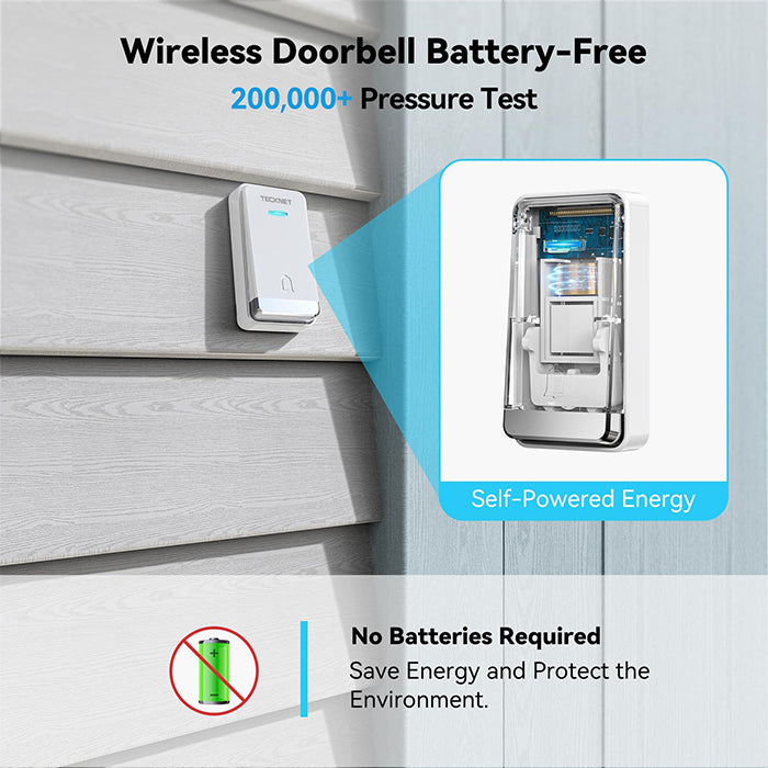 TECKNET Self‑Powered Wireless Doorbell with 2 Buttons & 1 Plug in Receiver