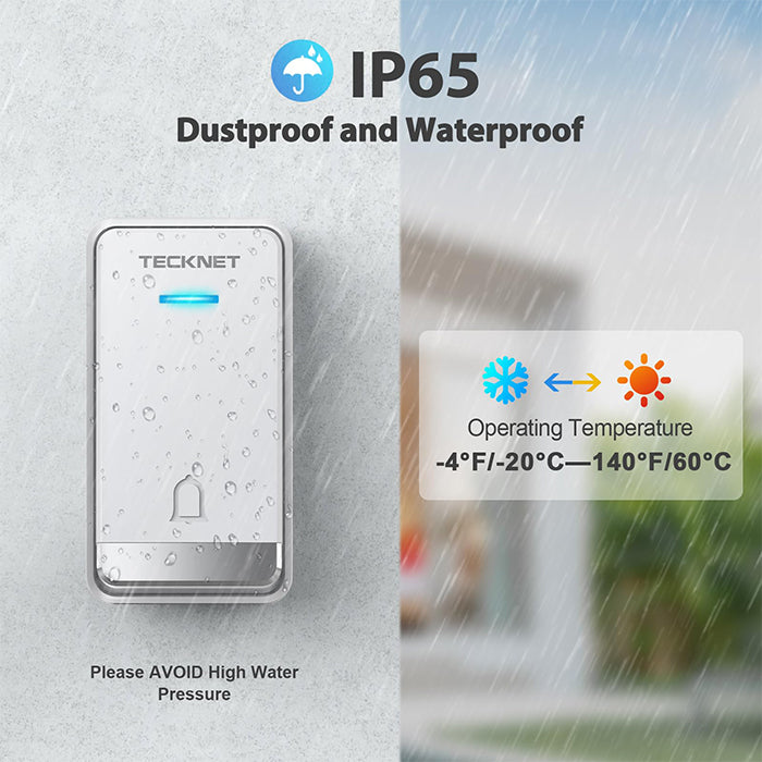 TECKNET Self‑Powered Wireless Doorbell with 2 Buttons & 1 Plug in Receiver