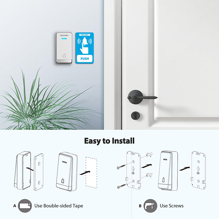 TECKNET Self‑Powered Wireless Doorbell with 2 Buttons & 1 Plug in Receiver