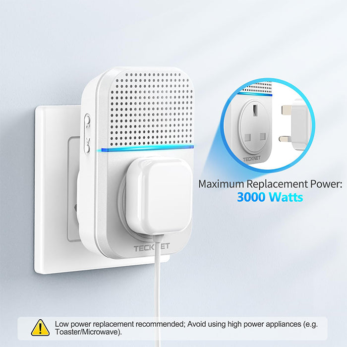 TECKNET Self‑Powered Wireless Doorbell with 2 Buttons & 1 Plug in Receiver