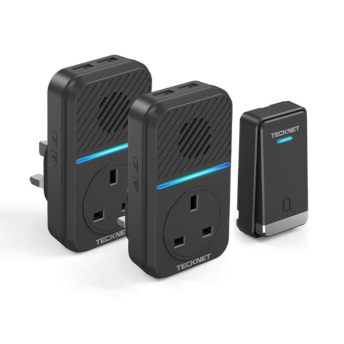 TECKNET Self-Powered Wireless Doorbell with 1 AC Outlet and 2 USB Ports-LED