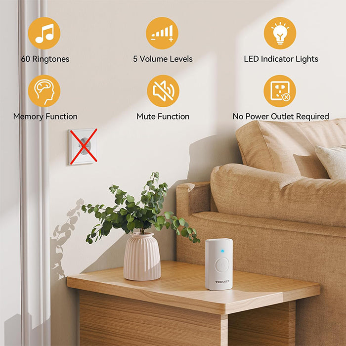 TECKNET Wireless Doorbell IP67 Waterproof Battery-Operated with 2 Buttons