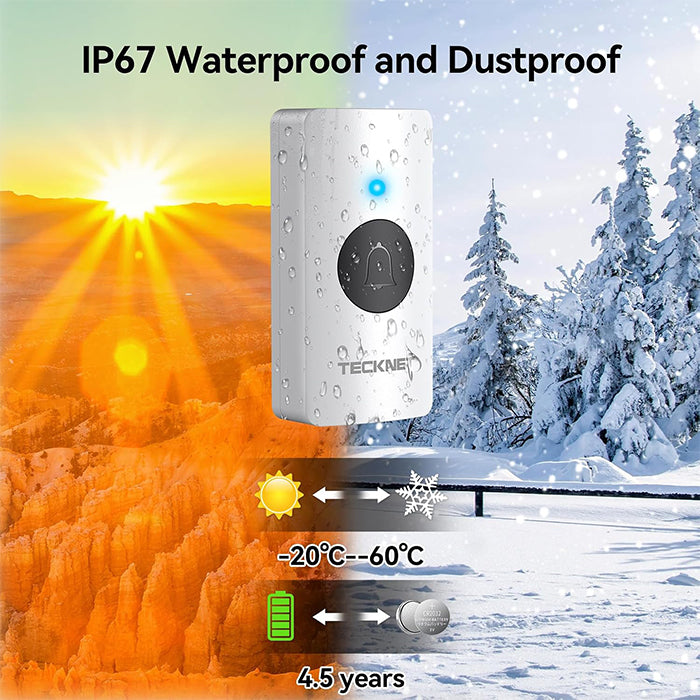 TECKNET Wireless Doorbell IP67 Waterproof Battery-Operated with 2 Buttons