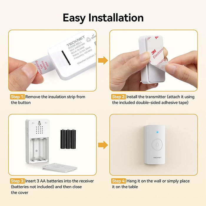 TECKNET Wireless Doorbell IP67 Waterproof Battery-Operated with 2 Buttons