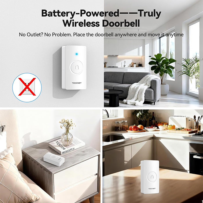 TECKNET Wireless Battery Doorbell, 2 Receivers & 2 Push Buttons, HWD01993