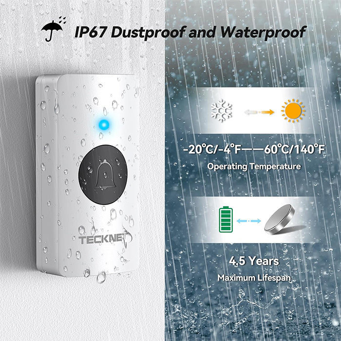 TECKNET Wireless Battery Doorbell, 2 Receivers & 2 Push Buttons, HWD01993