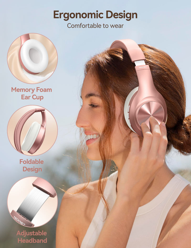 TECKNET Bluetooth Headphones Over-Ear with 3 EQ Modes, Hi-Fi Stereo and Deep Bass, Pink