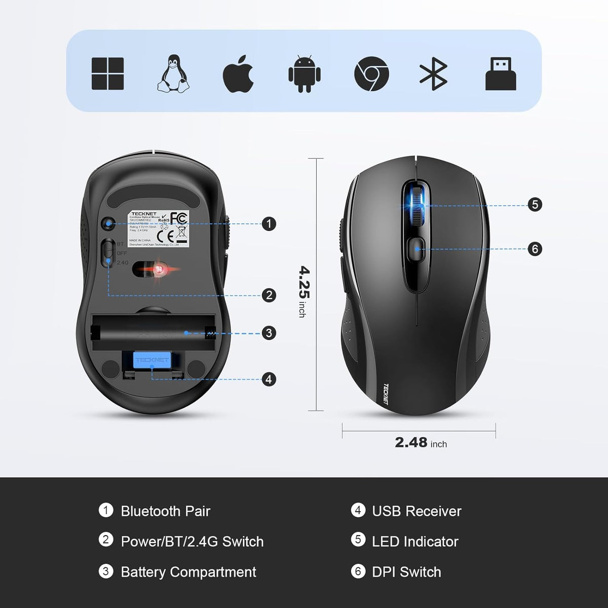 Tecknet Mouse Size TECKNET Bluetooth Mouse, 4000 DPI Wireless Computer Mice Bluetooth 3.0