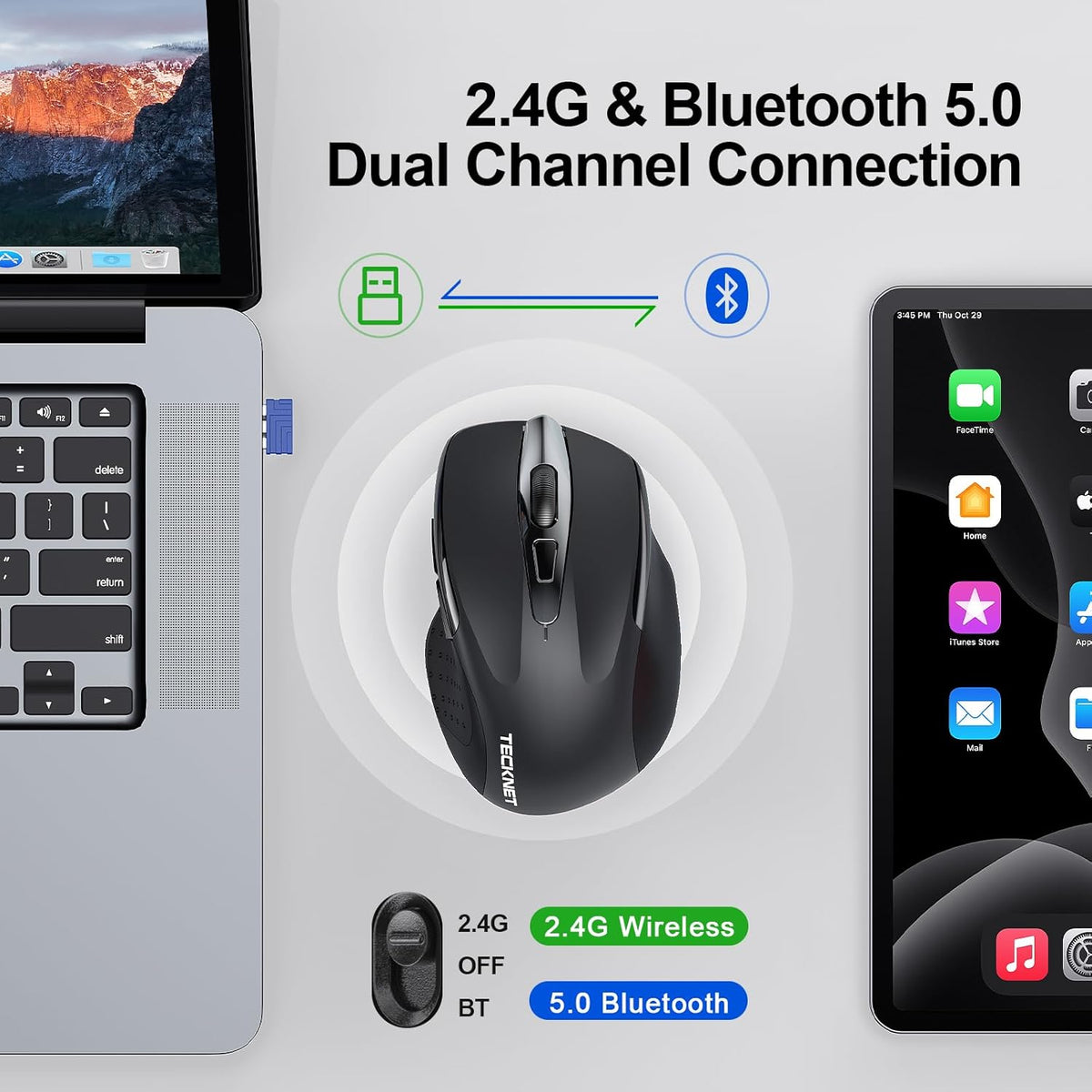 TECKNET Rechargeable Bluetooth Wireless Mouse 4800DPI