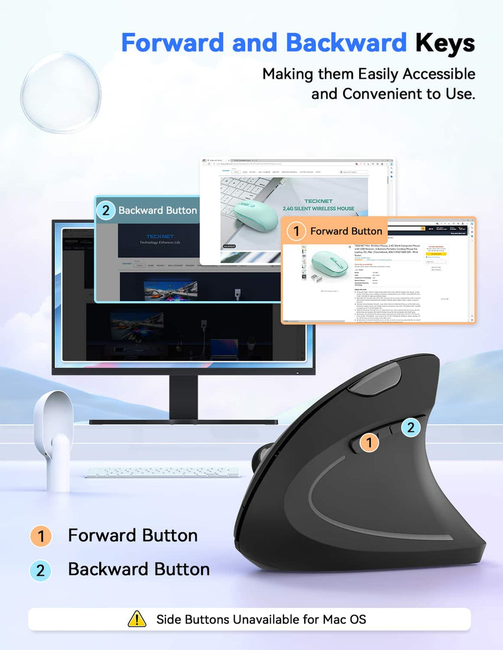 6 Button Computer TECKNET Ergonomic Silent Mouse, 2.4G Vertical Mouse with 4800 DPI, 6 B