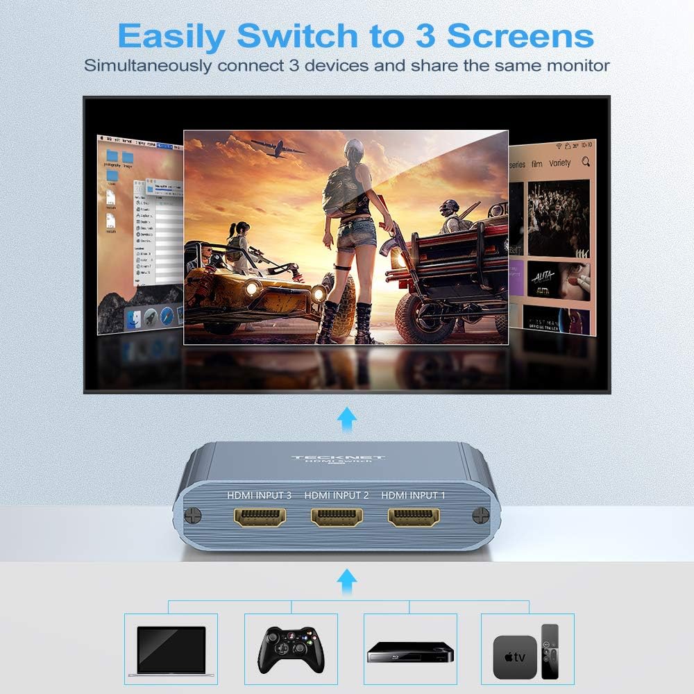 TECKNET HDMI Switch, 3 IN 1 Out HDMI Splitter Aluminum Manual HDMI Switcher Box Support 4K@60Hz 3D 1080P