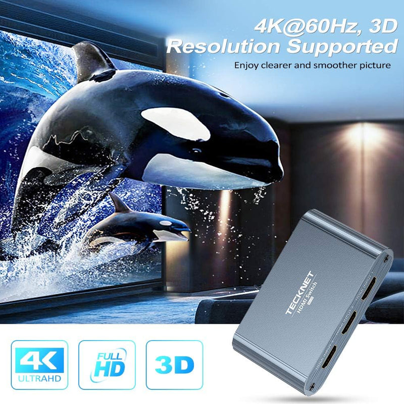TECKNET HDMI Switch, 3 IN 1 Out HDMI Splitter Aluminum Manual HDMI Switcher Box Support 4K@60Hz 3D 1080P