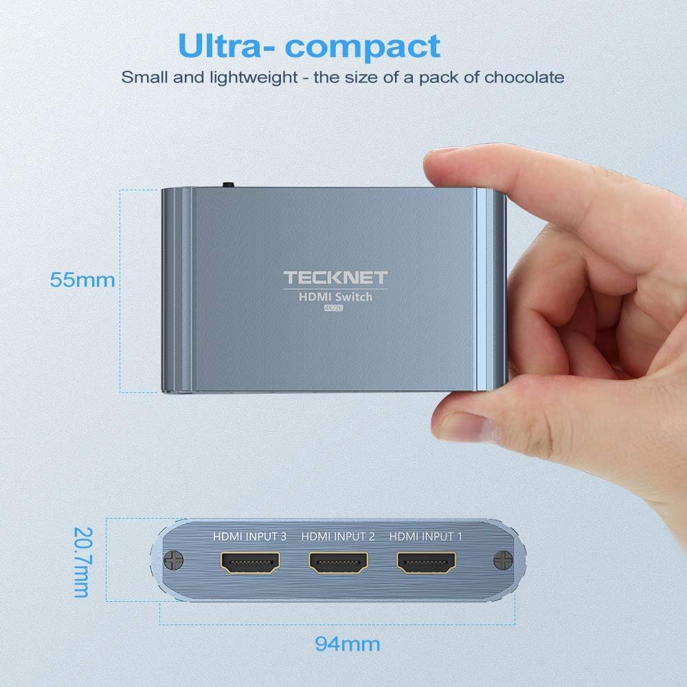 TECKNET HDMI Switch, 3 IN 1 Out HDMI Splitter Aluminum Manual HDMI Switcher Box Support 4K@60Hz 3D 1080P