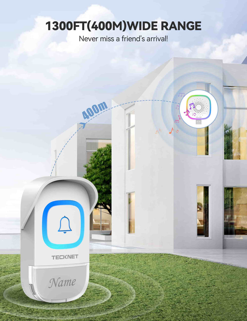 TECKNET Wireless Doorbell with USB Receiver, Mini Front DoorBell with RGB Light